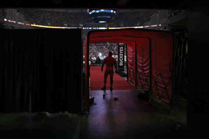 Ohio State's Kyle Snyder waits to be introduced for his final home match against Iowa at Value City Arena in Columbus.  Entering his senior year Snyder is already the world's best pound-for pound wrestler and one of the most accomplished NCAA wrestlers of all time.     (Kyle Robertson / The Columbus Dispatch)